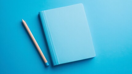 Soft baby blue notebook and pencil on a pastel blue background, clean and refreshing.