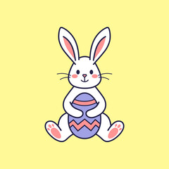 Easter character bunny, rabbit, hare sitting holding painted egg with paws. Vector flat design, outline illustration. Easter character icon, mascot, sticker. Greeting card, Happy Easter concept