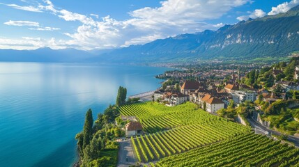 Stunning aerial view of Montreuxs breathtaking lakefront, with vineyards painting the slopes in vibrant greens.