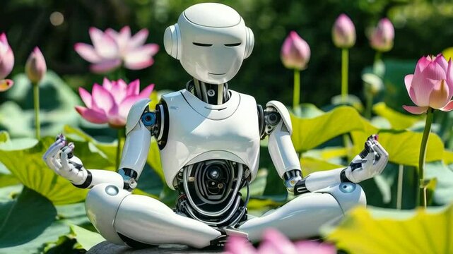 Meditating android robot in a beautiful garden. Meditation helps you explore your deep inner world and find harmony