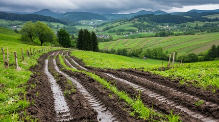 Muddy Road Through Lush Green Hills Under an Overcast Sky