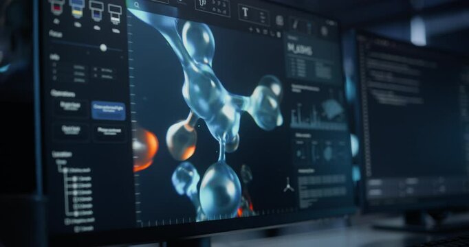 Computer Screen with Molecular Modelling Software Simulating Proteins, Designing New Gene Structure, Visualizing DNA Chemical Reactions and Source Code. Gene Editing Healthcare Technology Concept