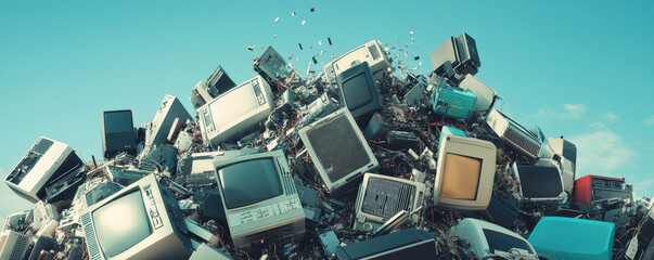 E-waste Recycling Concept, Piles of vintage electronics symbolize transition to green energy