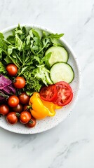 Fresh Garden Salad: A vibrant, colorful salad, featuring a medley of fresh, organic vegetables artfully arranged on a textured plate. It is a celebration of wholesome, natural ingredients.