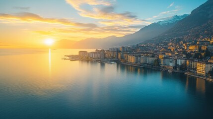 Naklejka premium Sweeping drone view of Montreuxs lakeside buildings, blending modern elegance with traditional Swiss architecture.