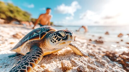 Obraz premium Turtle encounter close-up photography in a sunlit tropical paradise and coastal conservation