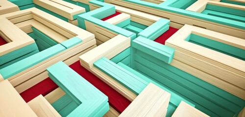 Low-angle shot of 3D wooden slats in aqua and beige, accented with ruby red in maze design.