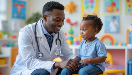 Fototapeta premium Friendly pediatrician interacting with toddler patient in colorful daycare center