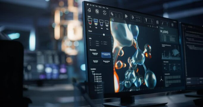 Indian Researcher in a White Lab Coat Using a Tablet in an Advanced Research Center with a Quantum Computer. Office Monitors Performing a Microbiology Test in a Molecular Modelling Software