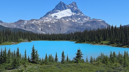 Vibrant Blue Alpine Lake with Snowcapped Mountain Peak