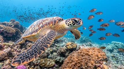 Fototapeta premium Swimming green turtle among colorful corals underwater ocean scene marine life vibrant ecosystem perspective