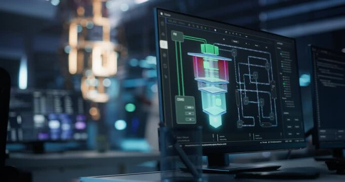 Young South Asian Male Scientist in a White Coat Using a Tablet in a Research Center with a Quantum Computer. Laboratory Screens Showing a Big Data Monitoring System that is Managing the Experiment