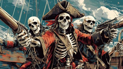 Undead Pirate Crew Sails On A Ghostly Ship. Fantasy Illustration For Halloween And Pirate-Themed Content.