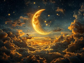 Crescent Moon Above Cloudy Sunset