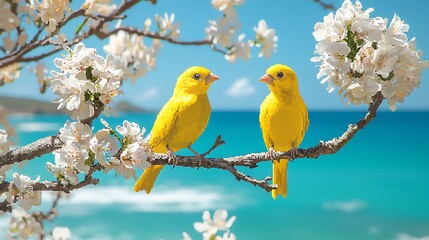 Yellow Birds on Spring Blossoms by the Sea
