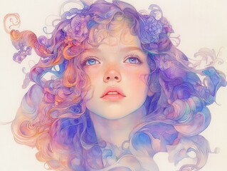 Naklejka premium Portrait of a girl with vibrant, flowing hair and floral accents