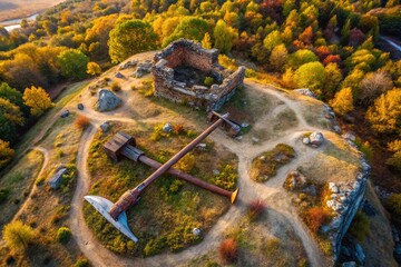 Aerial View of Ancient Battlefield, Rusty Axe Relic