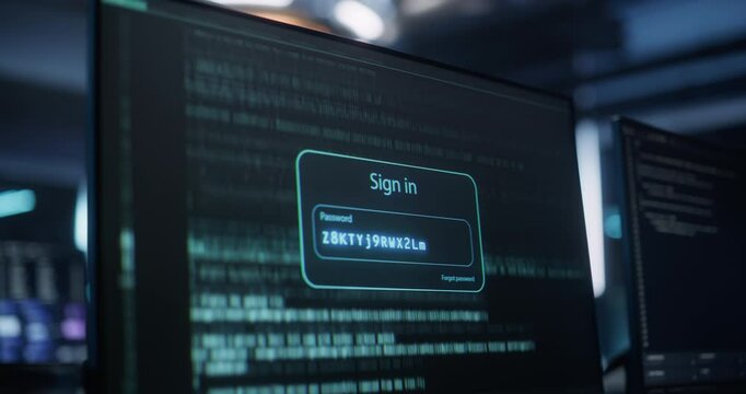 Desktop Computer Screen Showing How a Quantum Computer is Breaking Encryption and Cracking Passwords. Technological Cybersecurity Research Center Testing Advanced AI Powered Processor