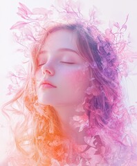 Fototapeta premium Young woman surrounded by colorful flowers and soft petals