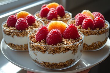 Breakfast parfaits with granola, yogurt, raspberries