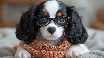 Puppy in Glasses, Scarf, Home