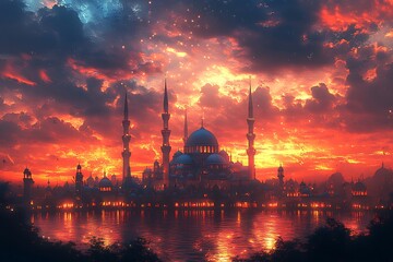 Fototapeta premium Majestic Mosque Silhouette with Minarets at Sunset Reflection