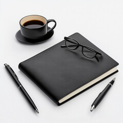 A minimalistic black leather notebook on a desk with accessories