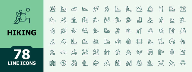 Hiking icon set. Included icons as hike, campfire, tent, travel, adventure and more. Set of line pictogram. Minimalistic icons.