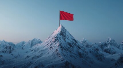 Red Flag on Snowy Mountain Peak Surrounded by Majestic Snow-Capped Mountains at Dusk Under a Blue Sky