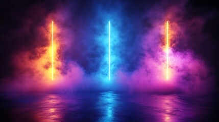 Fototapeta premium Vibrant neon lights illuminate smoky scene. AI Generated