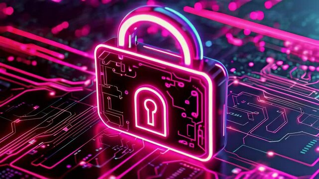 A glowing digital lock encircled by streams of binary code and data points, representing cybersecurity
