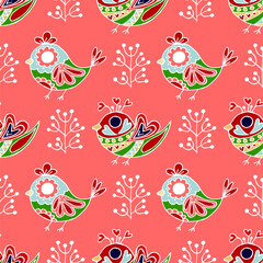  Folk bird and flower ornament. Pattern in hand draw style, created for fabrics