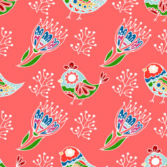  Folk bird and flower ornament. Pattern in hand draw style, created for fabrics