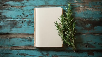 A blank notepad, its pages awaiting the inscription of a captivating narrative, sat gracefully on a weathered wooden table, adorned with a sprig of fragrant rosemary, adding a touch of earthy charm