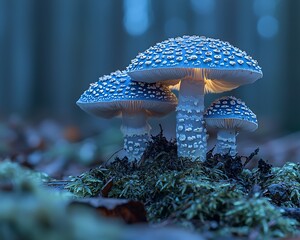 Blue mushrooms glow in forest