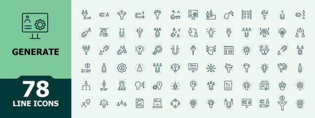 Generate icons set in linear style. Contains linear outline icons like generative, brain, data, computer, chatbot, engineering and more. Thin outline icons pack. Modern vector illustration.