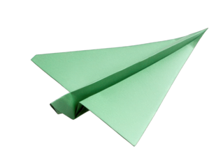 A folded green paper airplane, isolated on a transparent or white background