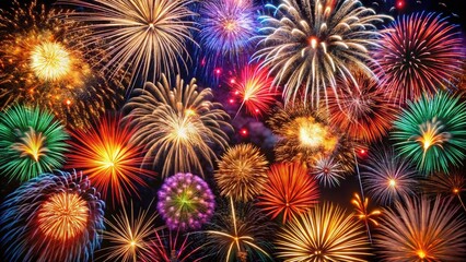 Fototapeta premium Aerial View of Colorful Firecracker Display, Festive Celebration, Pyrotechnics, New Year's Eve, Holiday