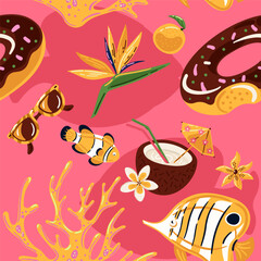 Naklejka premium Bright summer pattern with corals, flowers, fish, donut inflatable and coconut cocktail.