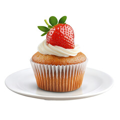 Strawberry muffin cake presented on a plate, isolated on a white background, highlighting its classic and elegant dessert presentation. PNG