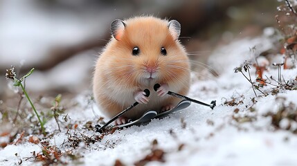 Tiny Hamster Skiing in Snow