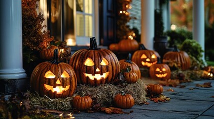 Obraz premium A cozy scene unfolds: orange pumpkins, their grinning faces illuminated by the warm sun, are artfully stacked on a bed of hay or straw, their autumn hues a delightful contrast against the vibrant