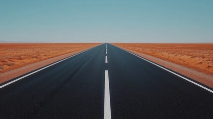 Fototapeta premium Open Highway Stretching into Infinity Under a Blue Sky in a Desert Landscape