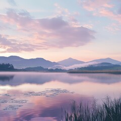 Obraz premium Fog blankets serene lake at dawn with vibrant sky colors