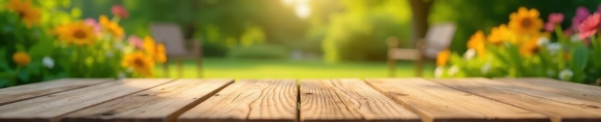 Empty wooden table, backyard summer party blur, rustic, vibe