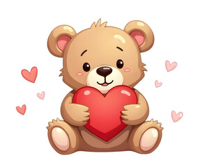 adorable teddy bear with soft plush fur holding a bright red heart featuring a cute expression isolated on white perfect for love, romance, valentines and children's gifts	