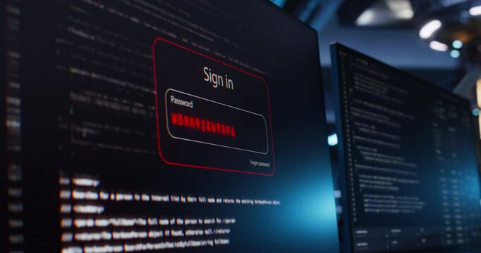 Desktop Computer Display with Website Sign In Window. Quantum Computer Performing Encryption Test and Trying to Hack the Password. Technological Cybersecurity Research Center with Advanced Processor