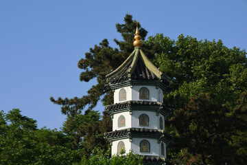 Fototapeta premium Traditional Chinese Pagoda in Lush Garden | Serenity & Cultural Heritage | a classic Chinese pagoda adorned with Buddha statues, set against lush greenery and a clear blue sky. 
