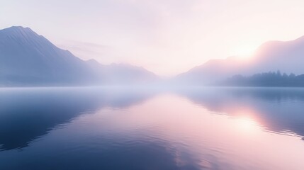 Misty morning reflections over a tranquil lake surrounded by mountains