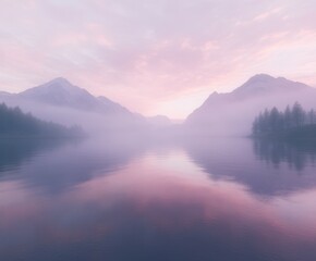 Obraz premium Fog blankets serene lake and mountains at dawn
